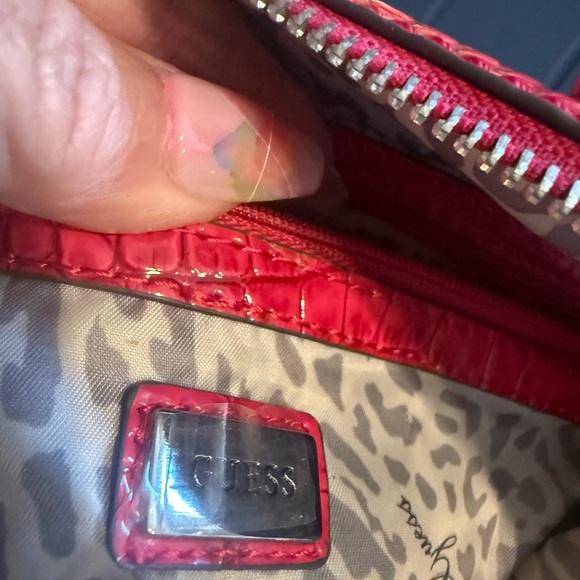 GUESS Hot Pink Croc-Embossed Satchel with Leopard Stripe - Picture 5 of 9